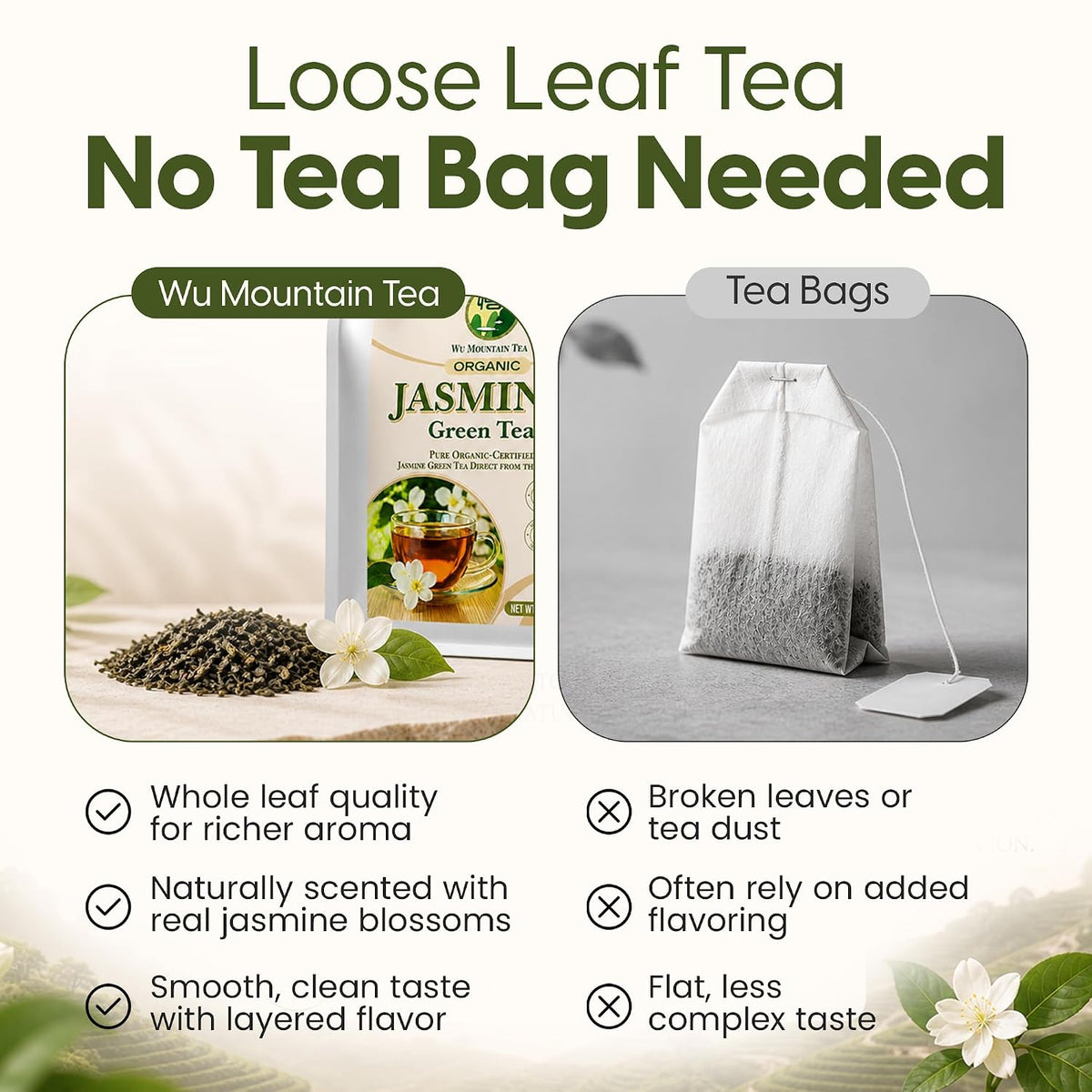 Wu Mountain Tea Organic Jasmine Green Tea – 1 lb Loose Leaf – USDA Organic Chinese Green Tea Scented with Jasmine Blossoms – Smooth Floral Aroma, Clean Finish, No Additives – Hot or Iced Tea