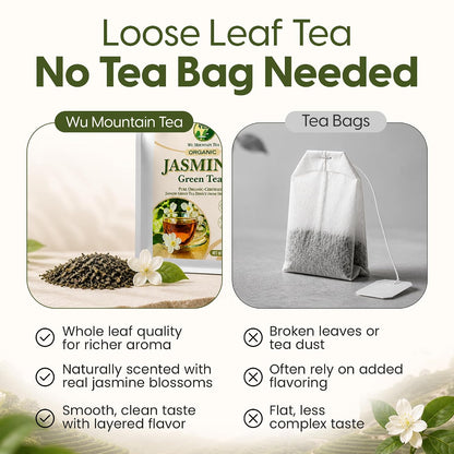 Wu Mountain Tea Organic Jasmine Green Tea – 1 lb Loose Leaf – USDA Organic Chinese Green Tea Scented with Jasmine Blossoms – Smooth Floral Aroma, Clean Finish, No Additives – Hot or Iced Tea