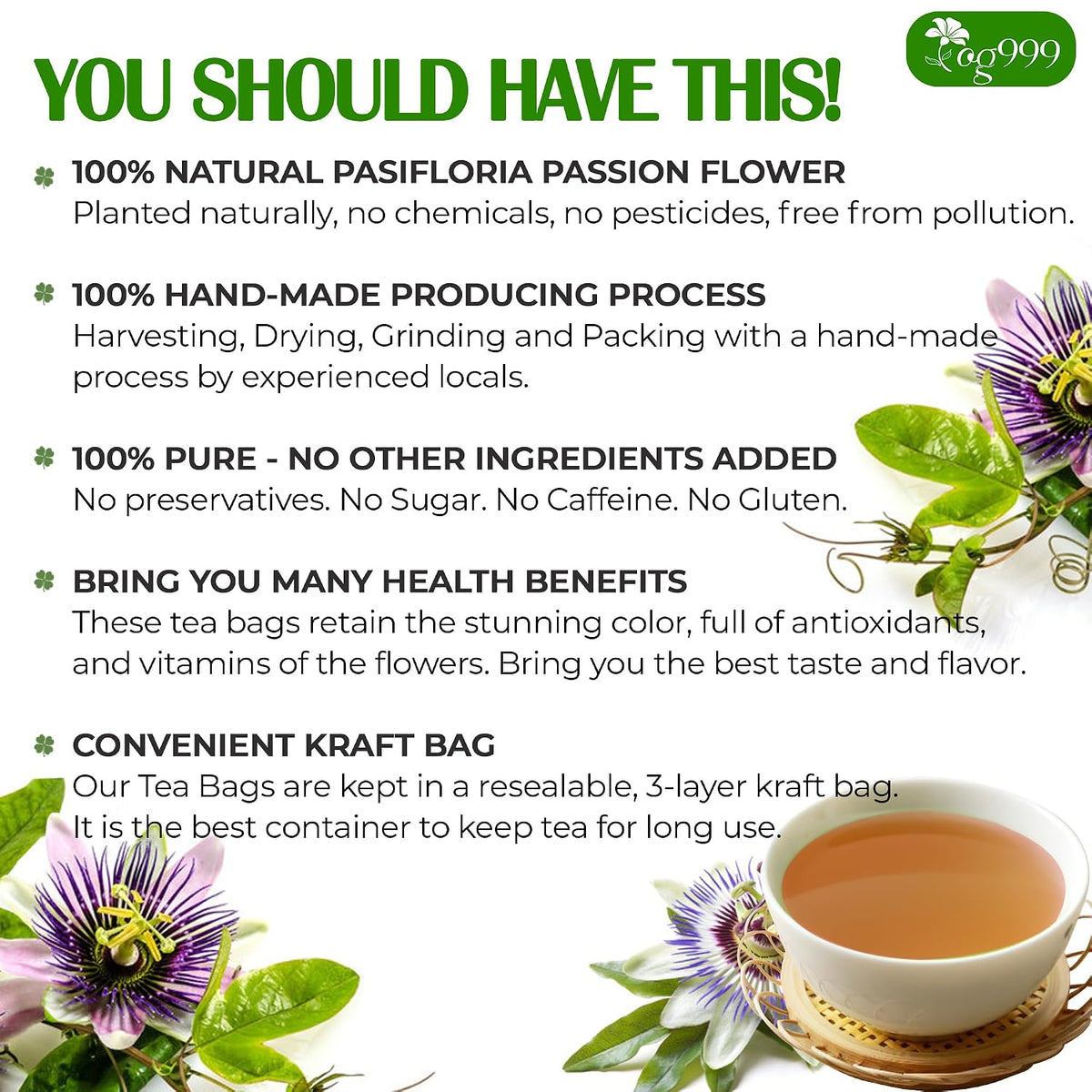 TOG999 Premium Passion Flower Tea Bags, Passionflower Tea, 120 Count, Vegan