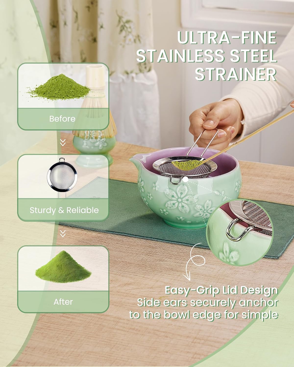 ZENS Matcha Whisk Set, Matcha Kit Set, Matcha Bowl with Spout, Bamboo Whisk & Scoop, Chasen Holder, 304 Sifter & Tea Mat, 6pcs Japaness Matcha Kit for Matcha Lovers, Birthday Gift, Pale Green