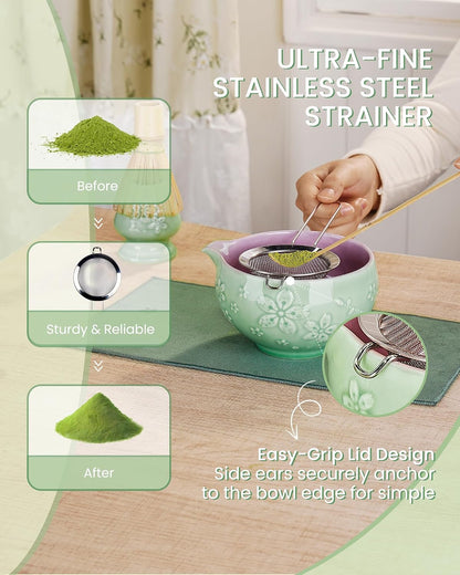ZENS Matcha Whisk Set, Matcha Kit Set, Matcha Bowl with Spout, Bamboo Whisk & Scoop, Chasen Holder, 304 Sifter & Tea Mat, 6pcs Japaness Matcha Kit for Matcha Lovers, Birthday Gift, Pale Green