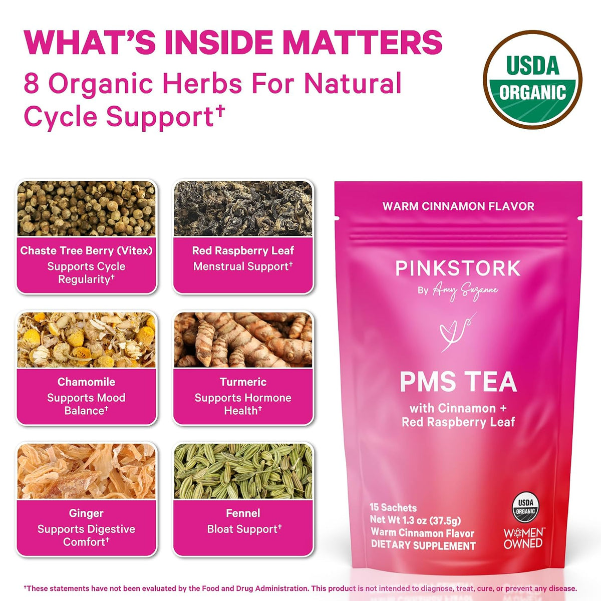 Pink Stork Organic PMS Tea with Vitex + Red Raspberry Leaf, 30 Cups