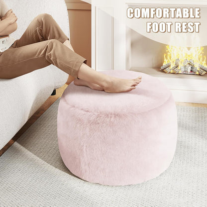 Round Stuffed Pouf Ottoman Foot Rest, Faux Fur Poufs with Memory Foam Filling, Ottomans for Living Room, Nursery, Dorm, Soft Foot Stool Ottoman for Couch, Perfect for Resting Your Feet (Grey, 20 Inch)