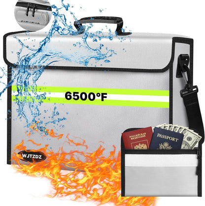 6500°F Fireproof Document Bag with Lock-Fireproof Box with 10 Layers Insulation Materials&Waterproof Zipper,Removable Wallet,Reflective Strip for Cash,Documents,Jewelry(14.2”x 9.6”x 4.1”)