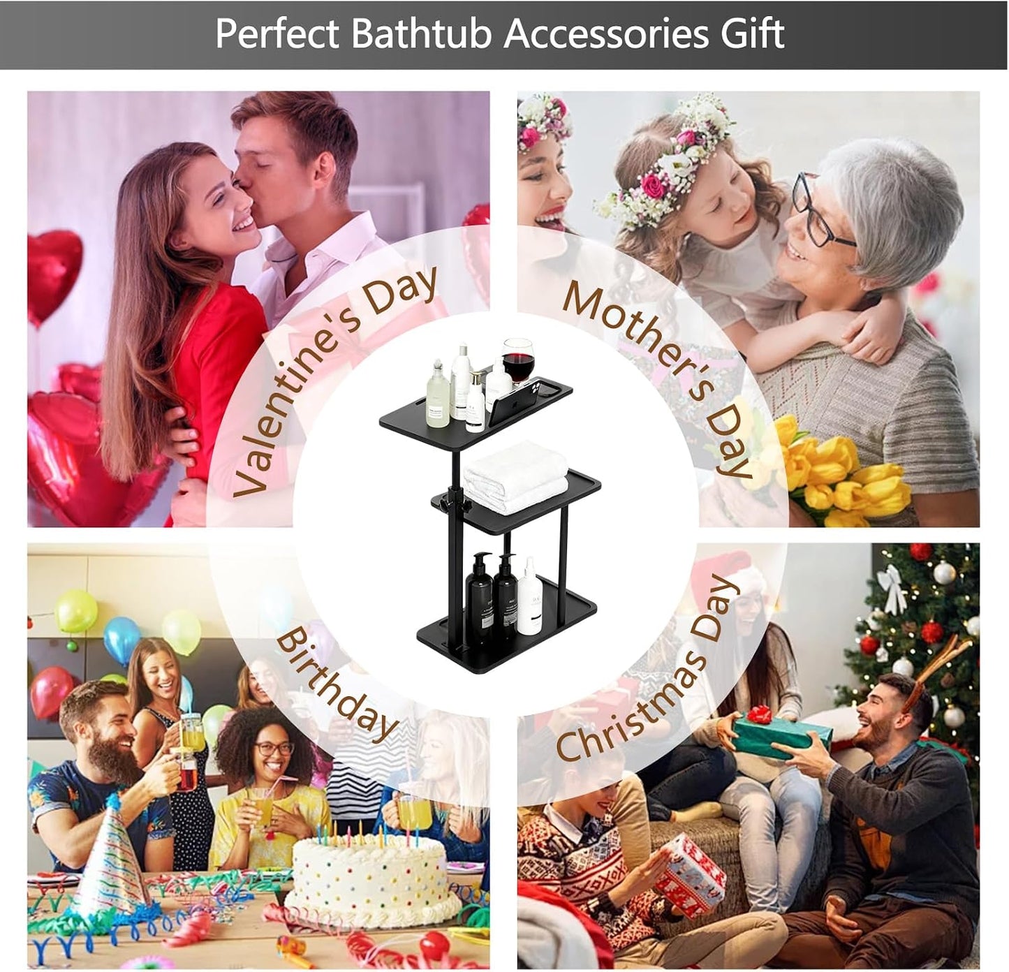 3 Layer Bathtub Tray Table,Bamboo Swivel Bathtub Side Table Height Adjustable,Freestanding Bathtub Tray for Tub Against Wall,Bathtub Accessories&Bathroom Organizer for Luxury Home Spa (Black)