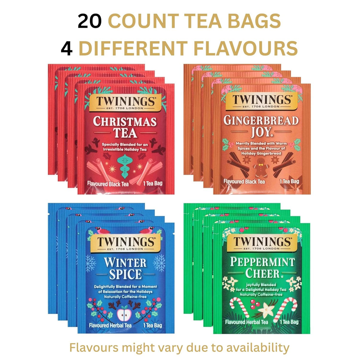 Twinings Christmas Holiday Variety Tea Bag Pack (20 Count), 4 Flavours Include Christmas Tea, Winter Spice, Gingerbread Joy, Peppermint Cheer, Seasonal Gift for Her, Him, Family, Friends