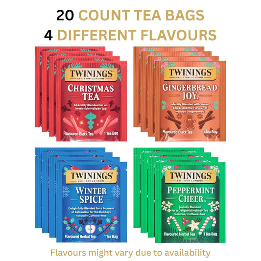 Twinings Christmas Holiday Variety Tea Bag Pack (20 Count), 4 Flavours Include Christmas Tea, Winter Spice, Gingerbread Joy, Peppermint Cheer, Seasonal Gift for Her, Him, Family, Friends