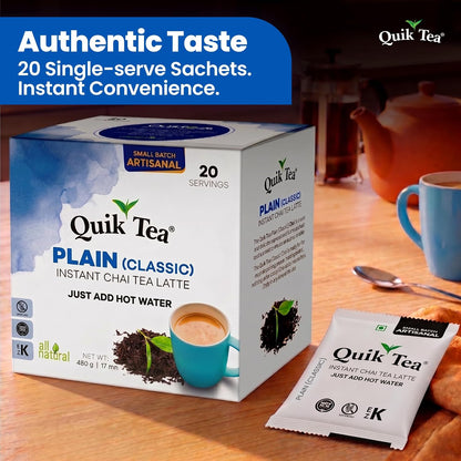 QuikTea Instant Cardamom Chai Tea Latte Unsweetened, 20 Single-Serve Sachets, Artisanal Indian Chai Latte Mix, Just Add Hot Water, Low Caffeine, Non-GMO, Gluten Free