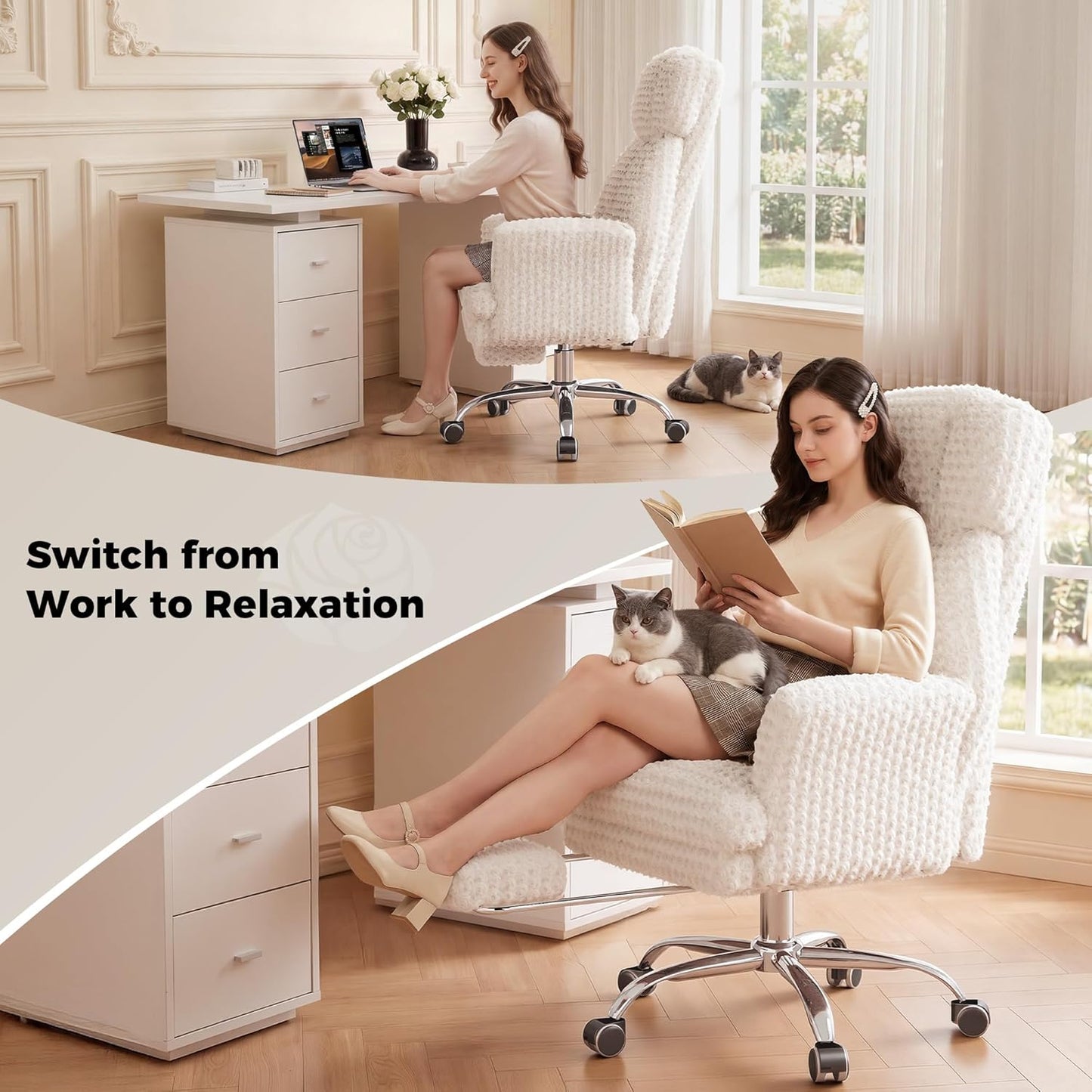 Big and Tall Office Chair, Flip Armrests for Pets & Cross Legged Sitting, Executive Ergonomic Computer Gaming Chair with Foot Rest, Teddy Fleece Wide Seat Reclining Desk Chair, White Vanity Chair