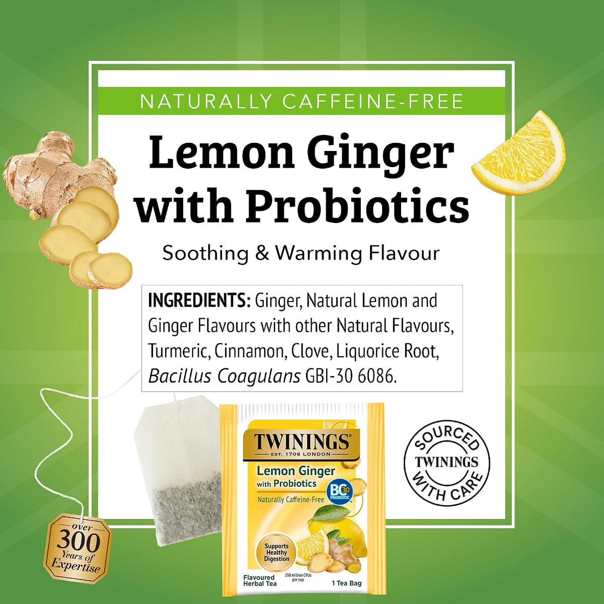Twinings Lemon & Ginger with Probiotics Herbal Tea Bags, 18 CT Box (1 Pack)