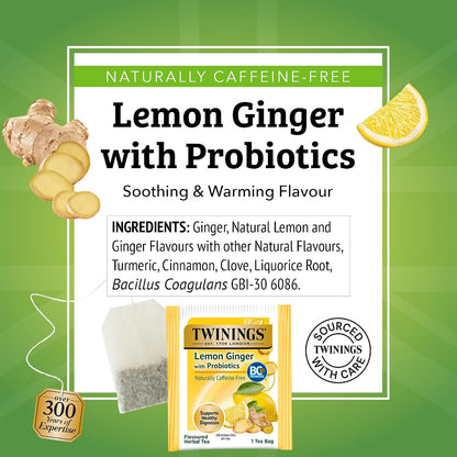 Twinings Lemon & Ginger with Probiotics Herbal Tea Bags, 18 CT Box (1 Pack)