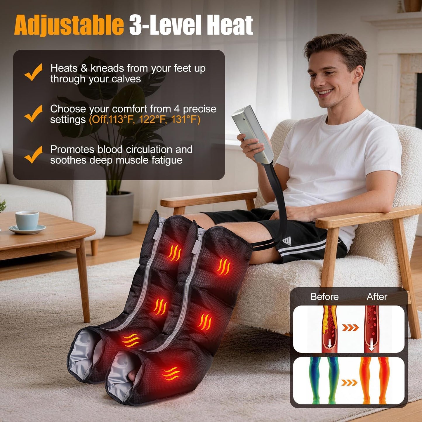Leg Compression Massager for Circulation, Calf and Foot Massager with Heat, Compression Boots for Sore Muscle Relaxation, 6 Modes 12 Intensities 3 Timers, Gifts for Fathers Men and Women