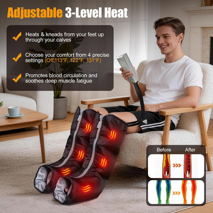 Leg Compression Massager for Circulation, Calf and Foot Massager with Heat, Compression Boots for Sore Muscle Relaxation, 6 Modes 12 Intensities 3 Timers, Gifts for Fathers Men and Women