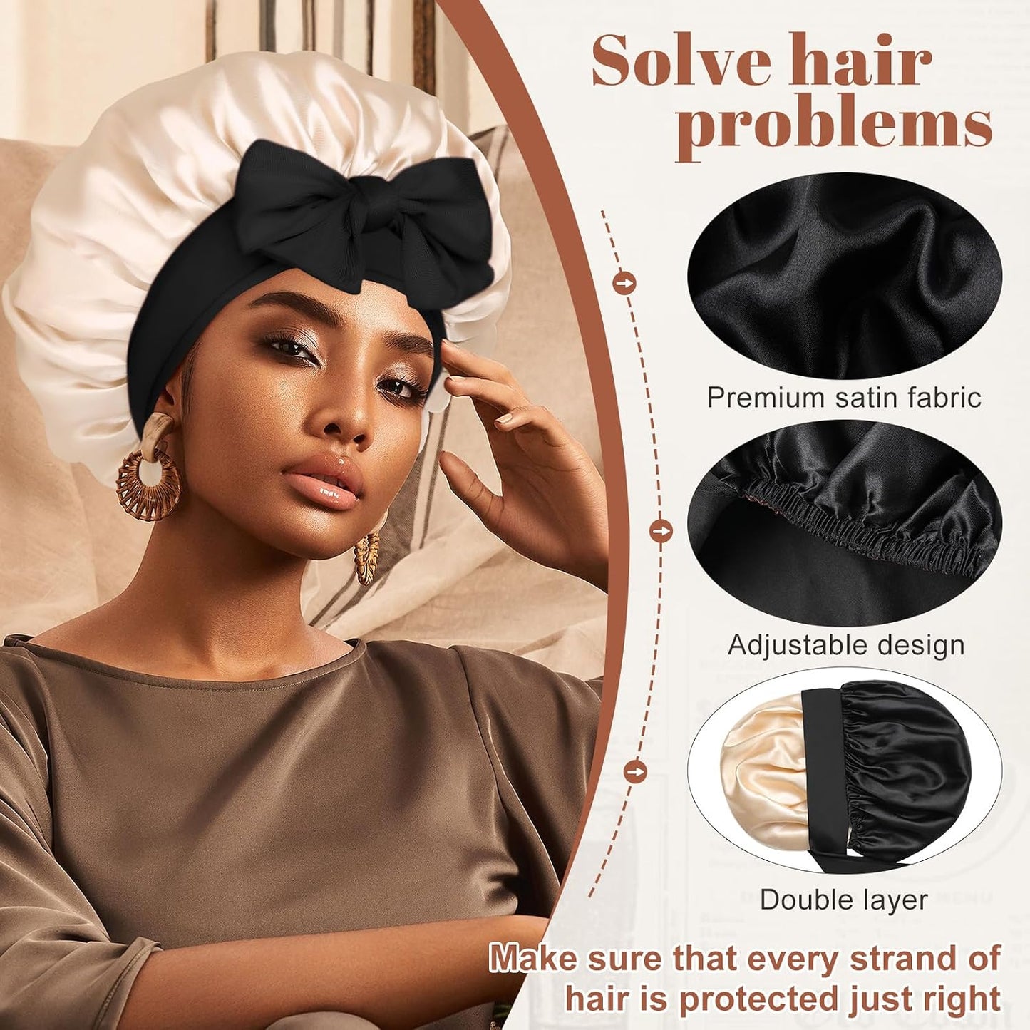 Satin Bonnet for Sleeping Cap Double Layer Hair Bonnet with Elastic Tie Band for Curly Hair Night Cap (Bean Paste + Pink)