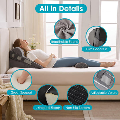 3Pcs Wedge Pillow Set for After Surgery,Acid Reflux Relief, Adjustable Bed Wedge Pillows for Sleeping,Anti Snore, Memory Foam Triangle Pillow for Back&Neck&Shoulder Pain Relief, White&Grey