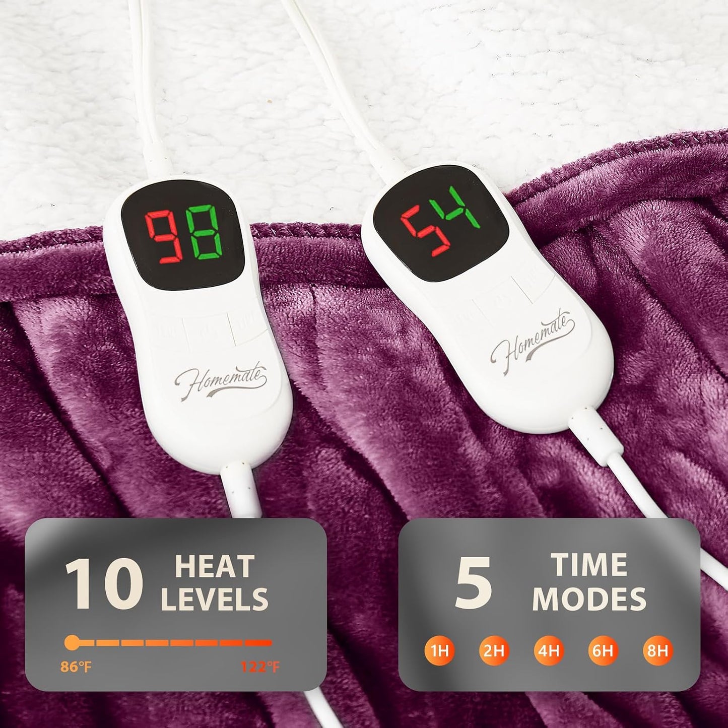Homemate Electric Heated Blanket Twin - 62"x84" Heating Bed Blankets Throw with 10 Heating Levels 8 Hours Auto Off Fast Heating Over-Heated Protection Ultra Soft Warm Flannel ETL Certified Grey - Colors A