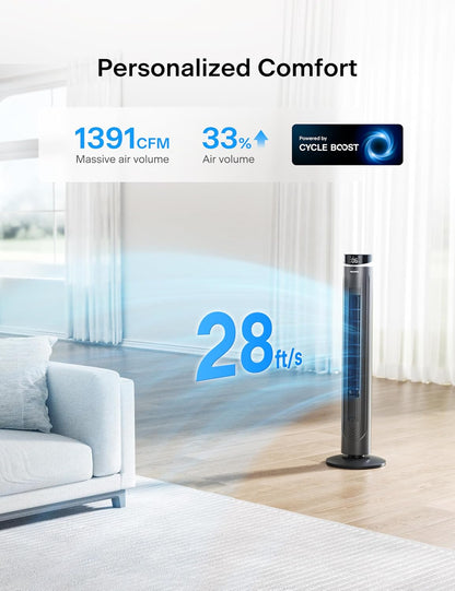 PELONIS 40 inch Bladeless Tower Fan for Bedroom, Standing Fan with Remote Control, 26ft/s, 90° Oscillation, 3 Speed Settings, 27dB, 3 Modes, 15-Hour Timer, LED Display, Fan that Blows Cold Air, White