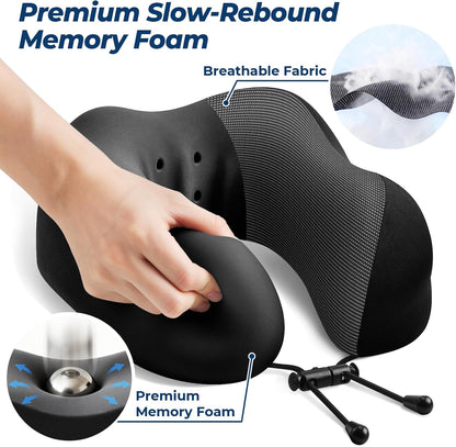 ExploreBliss Travel Pillow, Travel Pillows for Sleeping Airplane, Neck Pillow Airplane, Memory Foam Neck Pillow Set with Eye Mask, Earplugs and Storage Bag -Grey