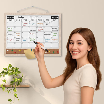 Monthly Calendar Dry Erase Board 16x12 Inch, Double-Sided Whiteboard and Corkboard Combo, Wall Mounted Planner Organizer with Markers, Magnets, Push Pins, Eraser, for Home Office School