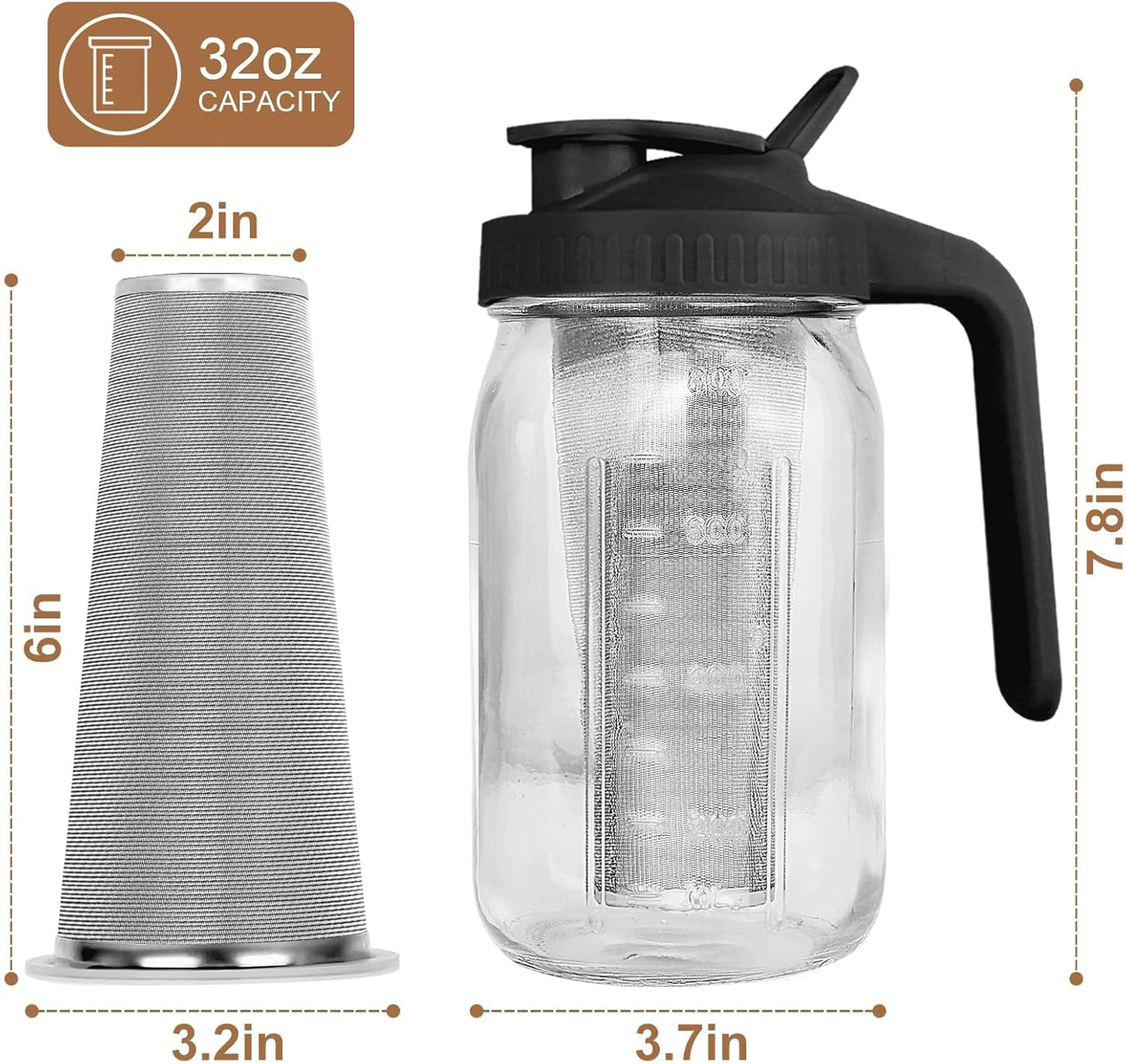 Cold Brew Coffee Maker,64 oz Mason Jar Pitcher with Stainless Steel Filter, Pour Spout Handle Lid, Heavy Duty Glass Airtight & Leak-Proof for Iced Coffee,Tea & Lemonade
