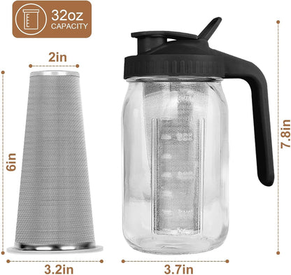 Cold Brew Coffee Maker,64 oz Mason Jar Pitcher with Stainless Steel Filter, Pour Spout Handle Lid, Heavy Duty Glass Airtight & Leak-Proof for Iced Coffee,Tea & Lemonade