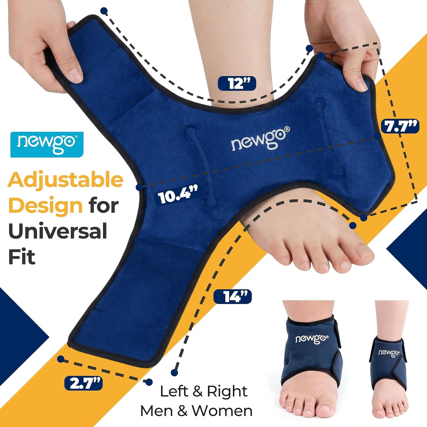 NEWGO Ankle Ice Pack Wrap for Swelling & Pain Relief, Reusable Hot Cold Gel Packs, Adjustable Brace for Plantar Fasciitis, Achilles Tendonitis, Heel Spur, Sprained Injuries - Up to 75kg Men Women