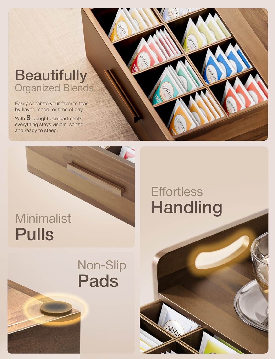 TINAMO Acacia Wooden Tea Box Organizer with Drawer for Tea & Coffee Storage