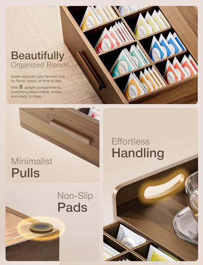 TINAMO Acacia Wooden Tea Box Organizer with Drawer for Tea & Coffee Storage
