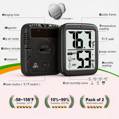 Antonki 2 Pack Room Thermometer for Home, Hygrometer Indoor Humidity Meter Gauge, Digital Temperature and Humidity Monitor Sensor for House, Terrarium, Incubator, Greenhouse - Battery Included