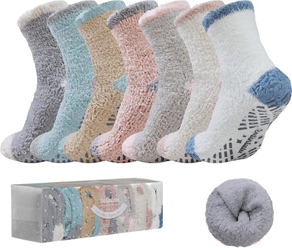 Bulinlulu Fuzzy Socks with Grips Plush Sleep Cozy Winter Soft Hospital Fluffy Socks for Womens Mens Gifts