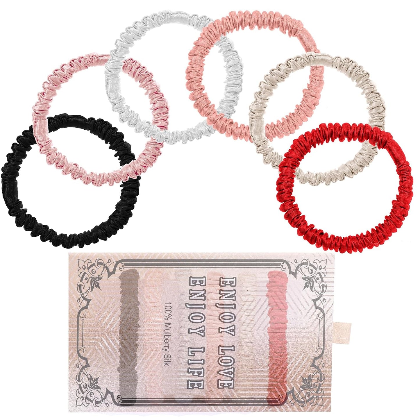22 Momme 6PCS 100% Mulberry Silk Hair Ties Small Silk Scrunchies for Women Girls Curly Thick Thin Hair .Women's Black Cute Satin Sleepy Bulk Hair Tie Scrunchie Sleep