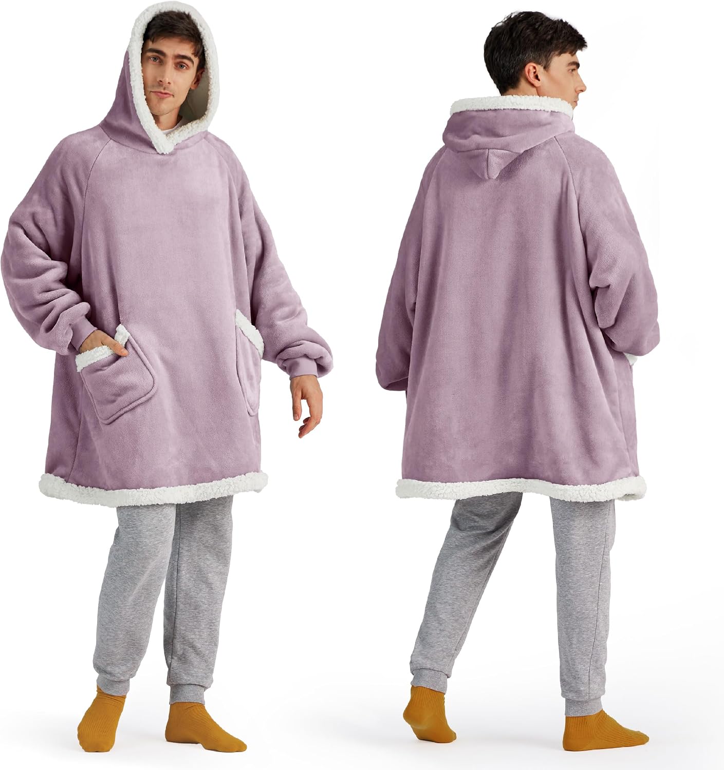 Bedsure Blanket Hoodie, Wearable Blanket Hoodie as Gifts for Mom, Birthday Gifts for Women Kids Teens Mother's Day Sherpa Sweatshirt, Grey, Standard