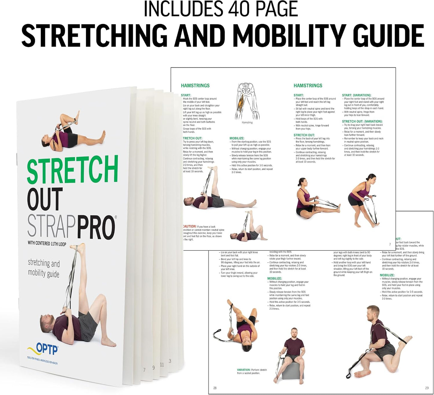 OPTP Stretch Out Strap Pro with Exercise Book, 11 Loops USA-Made Yoga Strap