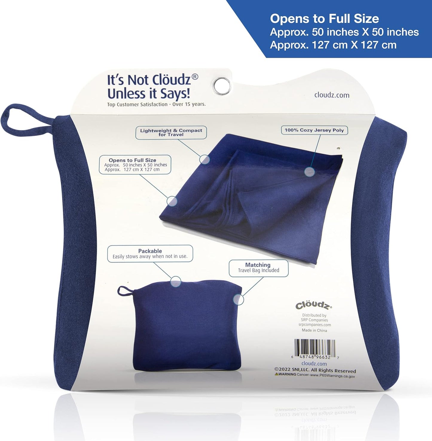 Cloudz Super Soft Jersey Airplane Travel Blanket for Your Flight, Car, Camping, Home or Comforting Warmth Anywhere! Large in Size at 50"x 50" and Includes a Bag! - Blue
