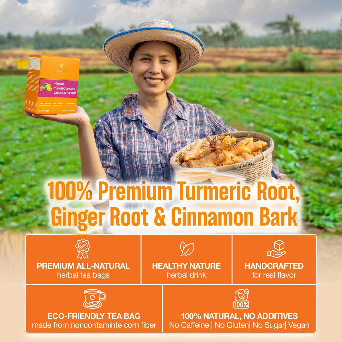 VINAREEN Turmeric Ginger Cinnamon Herbal Tea, 100 Tea Bags, Supports Digestion, Premium Natural Ingredients, Eco-Conscious Tea Bags, Caffeine-Free, Sugar-Free, Gluten-Free, Vegan.