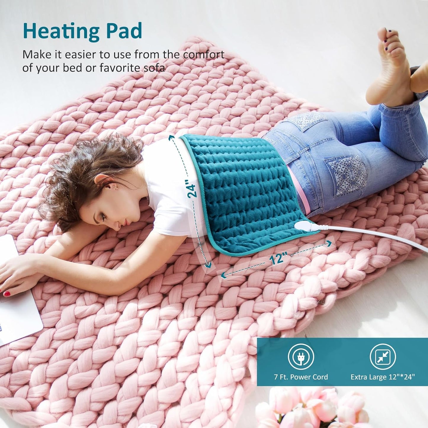 Heating pad for Back/Shoulder/Neck/Abdomen, Heating Pads with 6 Fast Heating Settings, Auto-Off, Machine Wash, Birthday Gifts for Women Mom Men Dad, Extra Large 12"x24", Blue