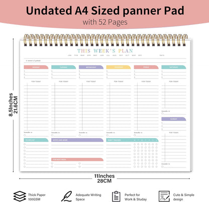 Weekly To Do List Notepad with 52 Undated Sheets（8.5"×11"）- Weekly Desk Planner Pad with Spiral Binding for Women & Man, Office, School and Home Personal Organizer
