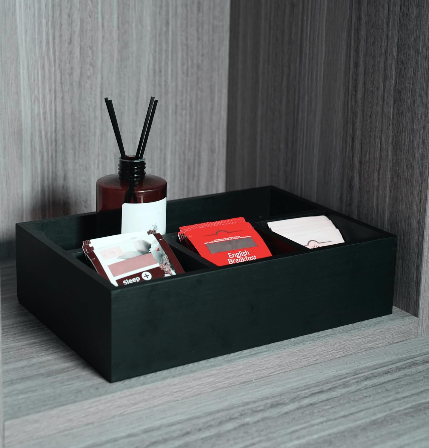 Tea Bag Box Wood Black 6 Compartments Tea Bag Organizer Drawer Storage, Large Capacity Sugar Packet Holder for Coffee Station,Sweeteners, Condiment Organizer