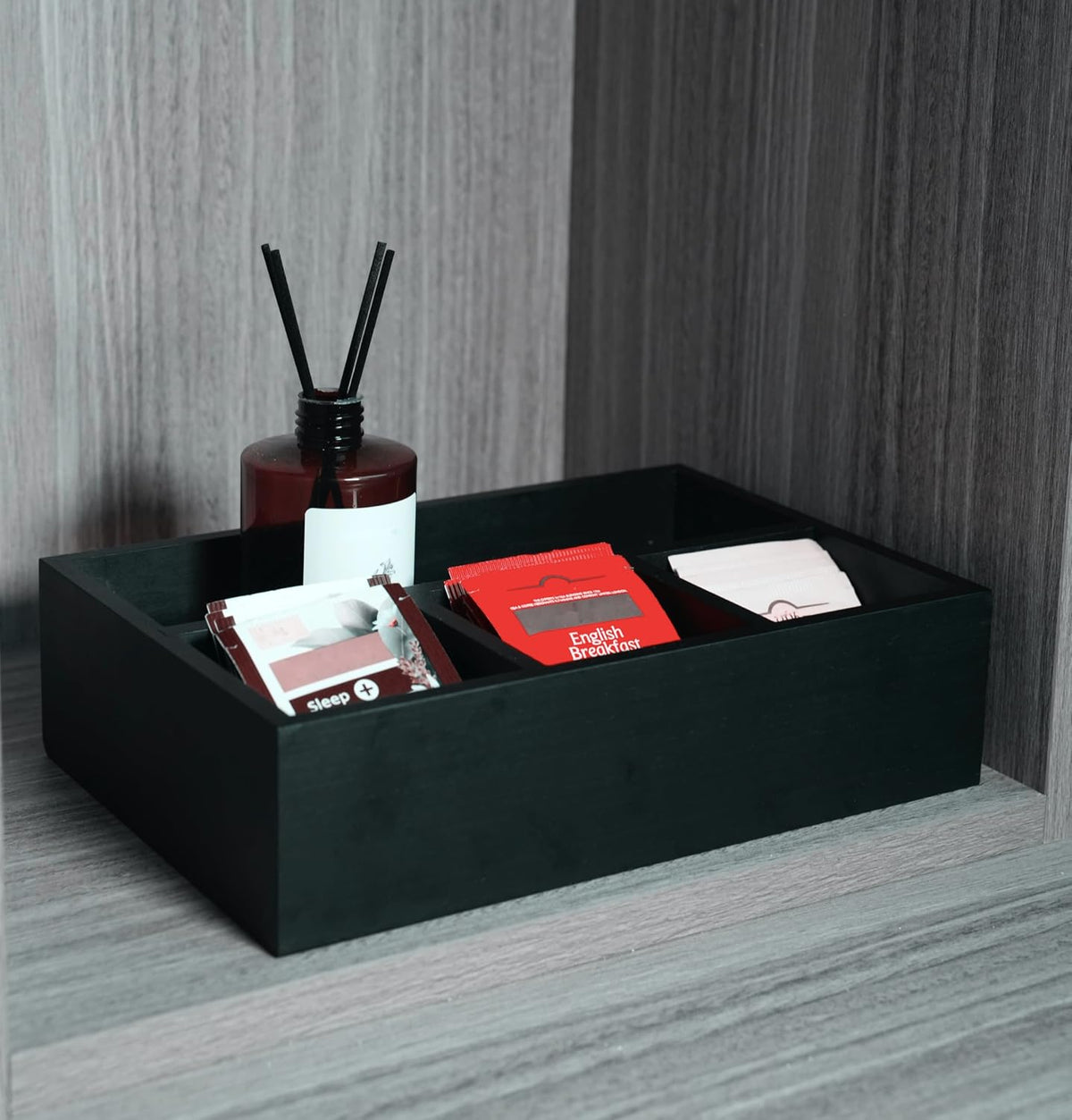 Tea Bag Box Black 6 Compartments Tea Organizer Storage Wood Drawer Station