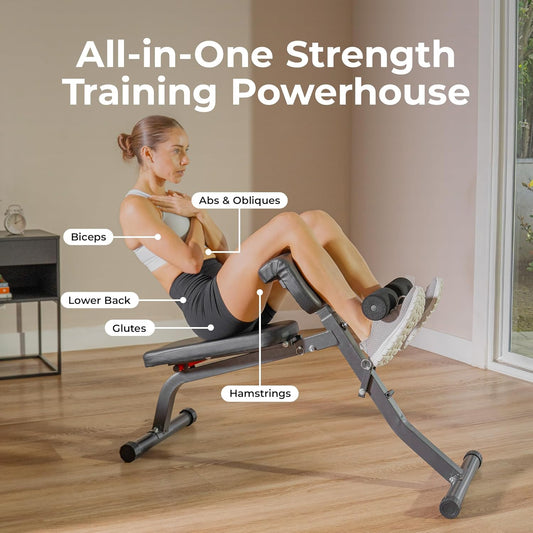 Sunny Health & Fitness Multi-Function Roman Chair with Dip Station & Sit-Up Bench, Adjustable Heavy-Duty Strength Training Equipment for Glutes, Core & Lower Body Workouts, Hyperextension Machine for Home Gym