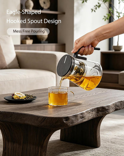 ZENS Magnetic Tea Pot, Enchanted Glass Teapot with Infuser and Magnetic Suction Lid for Mess-Free Loose Tea Diffusers, Walnut Wood Handle, Tea Lovers Gifts