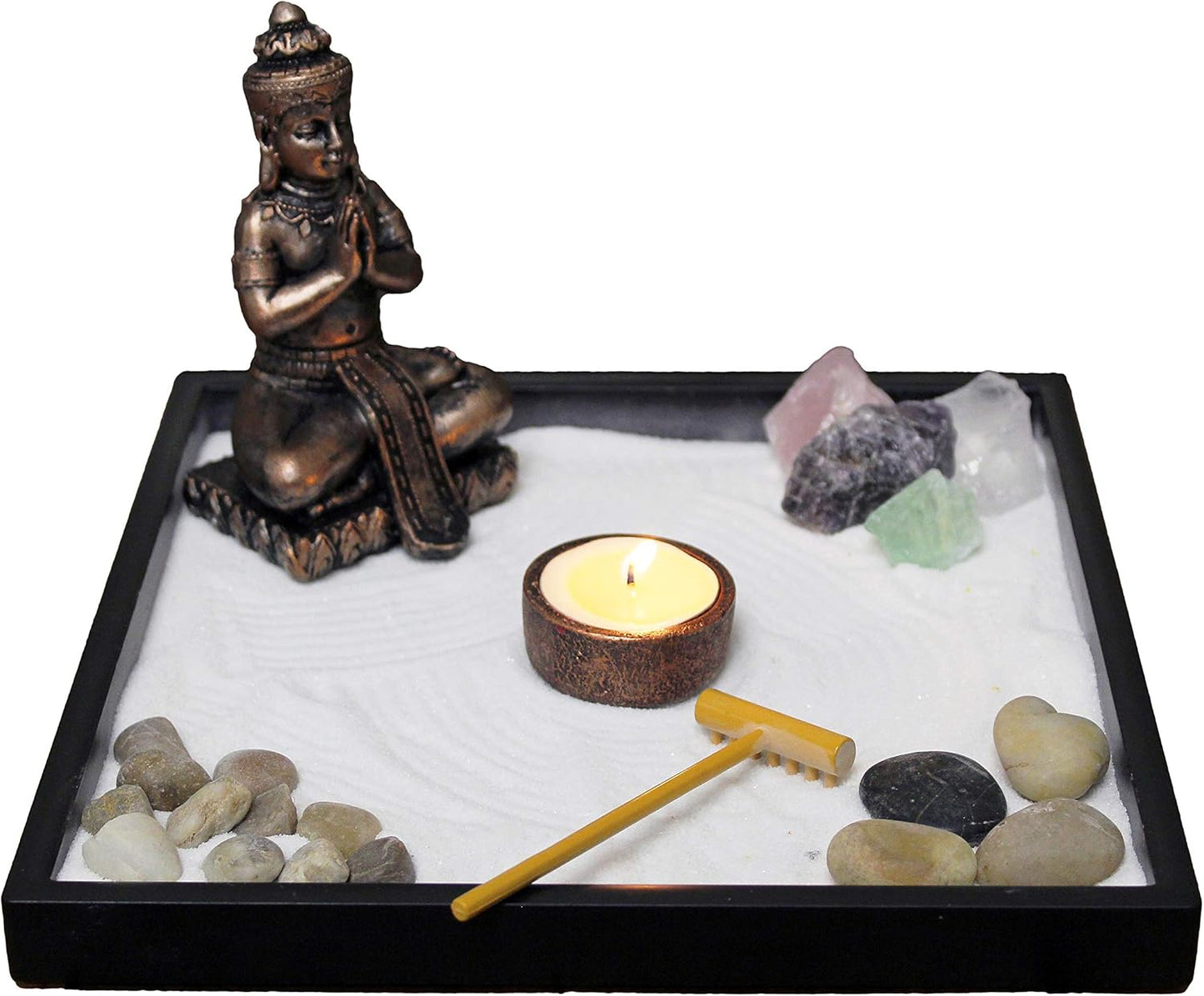 Nature's Mark Mini Zen Garden Kit for Desk with Rake, White Sand, Lotus Figure, 3 Sections Black Square Base, River Rocks and Black Rocks (9Lx9W C)
