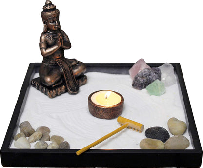 Nature's Mark Mini Zen Garden Kit for Desk with Rake, White Sand, Lotus Figure, 3 Sections Black Square Base, River Rocks and Black Rocks (9Lx9W C)