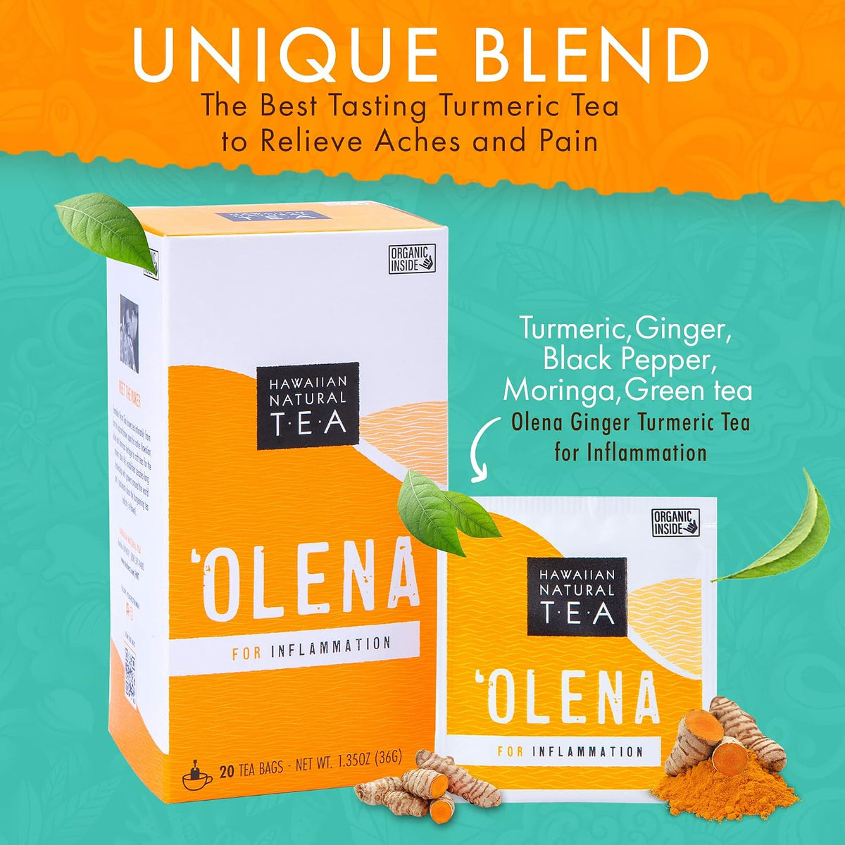 Olena Turmeric Tea, Herbal Green Tea Blend - Hawaiian Natural, 20 Bags