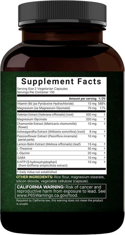 NatureBell Valerian Root for Sleep, 300 Veggie Capsules with Magnesium Glycinate, Chamomile, Passionflower, Lemon Balm, Ashwagandha, & More – Relaxation & Sleep Support Supplement – Melatonin Free