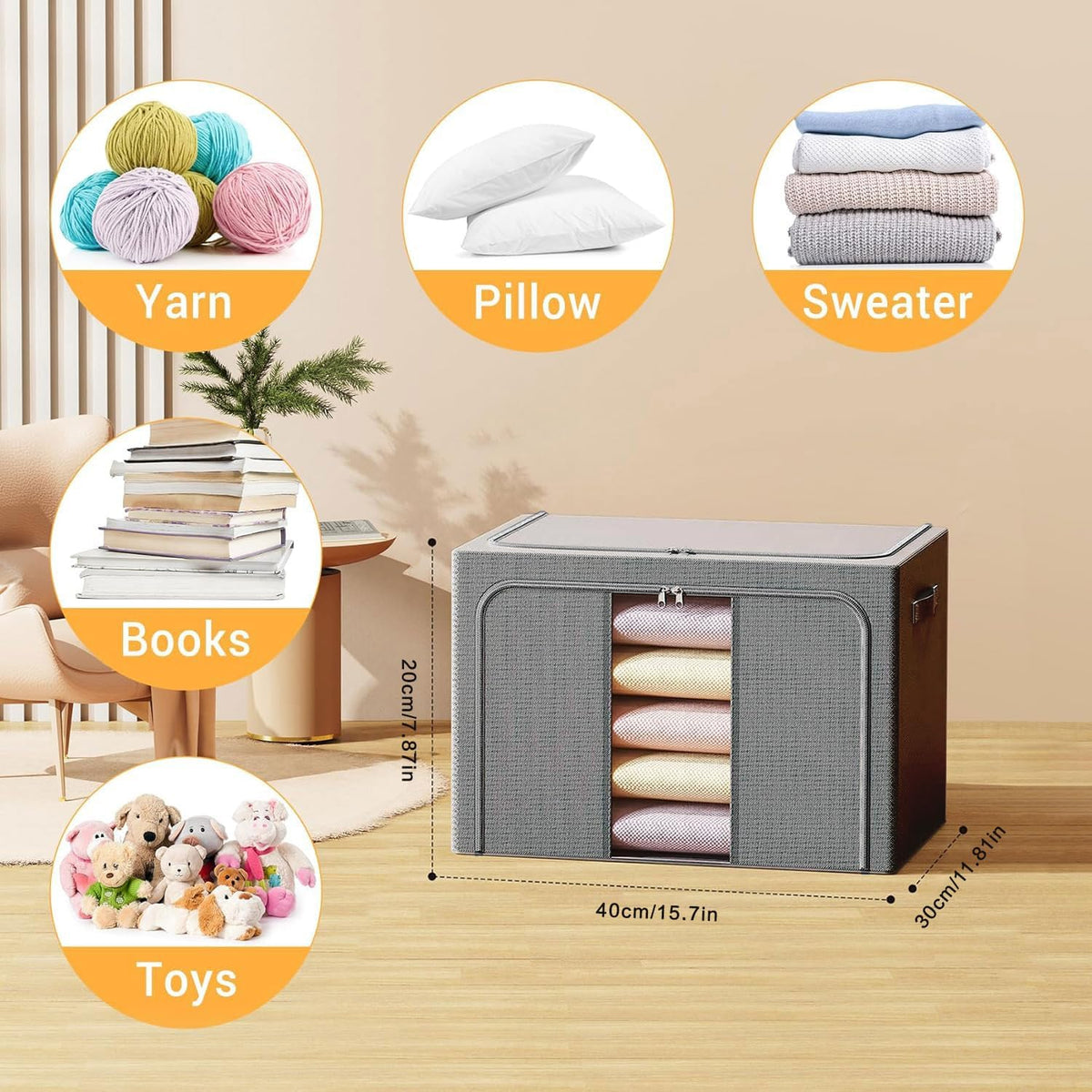 Clothes Storage Bins with Metal Frame Foldable Storage Box Clothes Organizers Storage Containers for Clothes Sheets Blankets Books Toys Gifts and Holiday Decorations (66Lx3 Pack)