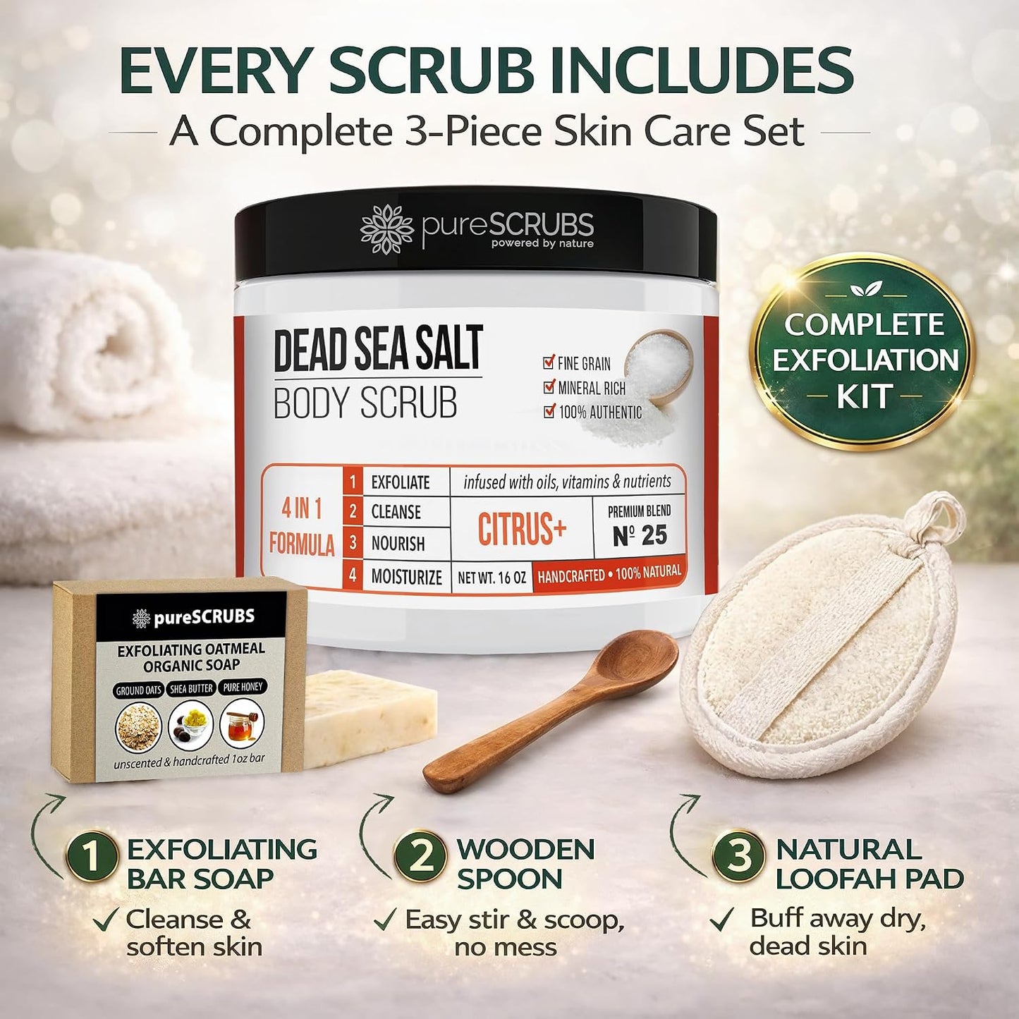 pureSCRUBS Premium Cucumber Body Scrub Set, Exfoliating Dead Sea Salt Scrub
