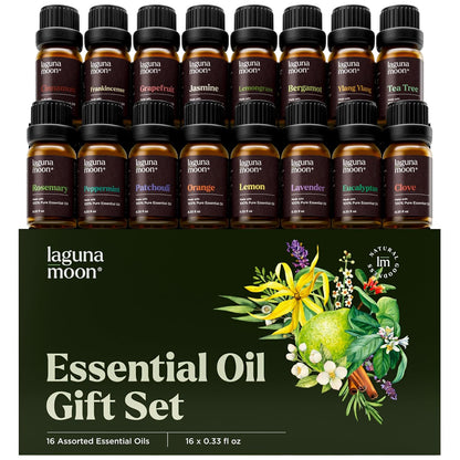 Lagunamoon Essential Oils Aromatherapy Set - 6 Oils for Diffusers, Home Care, Candle Making Scents, Fragrance, Humidifiers, Gifts - Peppermint, Tea Tree, Lavender, Eucalyptus, Orange (10mL)