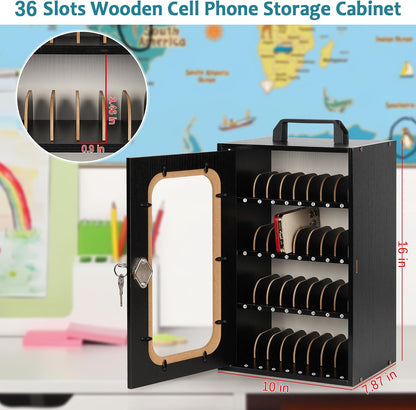 Wooden Phone Lock Box, Cell Phone Locker with 33 Adjustable Dividers | Phone Storage Cabinet with Security Lock & Handle, Desktop Phone Organizer for Classroom, Office & Repair Shops
