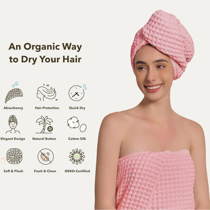 Luxury Organic Japanese Cotton Hair Drying Waffle Towel Wrap for Women | Absorbent, Quick-Dry Head Turban for Shower, Sauna, Spa | Extra Large for Long, Curly, Straight Hair With Button (White, 1 Pc)